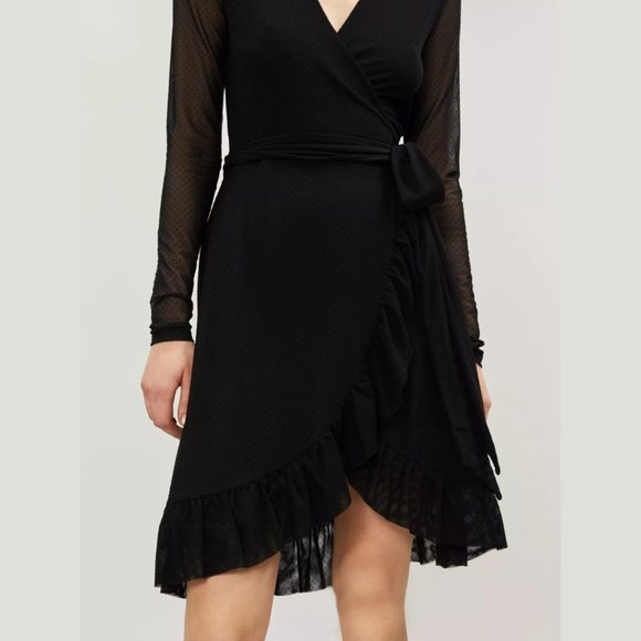 Ganni Women's Black Addison Ruffle Dot Mesh Wrap Dress - Picture 3 of 16